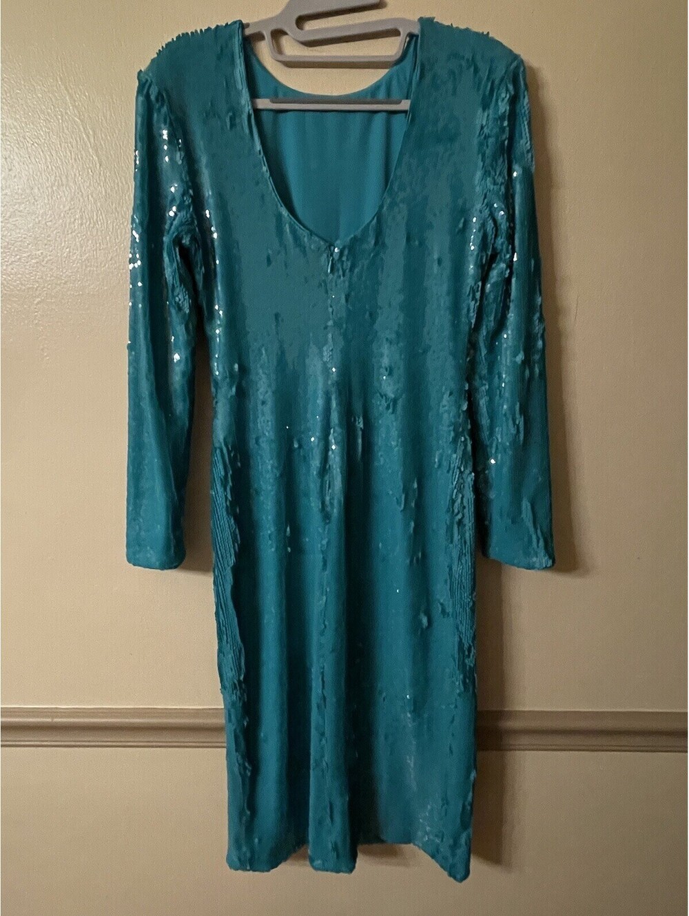 Dress the Population Natalie Sequin Long Sleeve Slit Midi Dress Size M In Capri - Picture 6 of 7